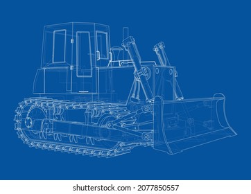 Earth mover, bulldozer. Vector rendering of 3d. Wire-frame style. The layers of visible and invisible lines are separated