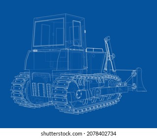 Earth mover, bulldozer. Vector rendering of 3d. Wire-frame style. The layers of visible and invisible lines are separated