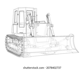 Earth mover, bulldozer. Vector rendering of 3d. Wire-frame style. The layers of visible and invisible lines are separated