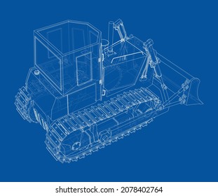 Earth mover, bulldozer. Vector rendering of 3d. Wire-frame style. The layers of visible and invisible lines are separated