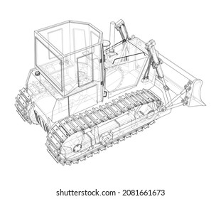 Earth mover, bulldozer. Vector rendering of 3d. Wire-frame style. The layers of visible and invisible lines are separated