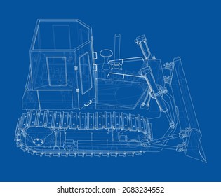 Earth mover, bulldozer. Vector rendering of 3d. Wire-frame style. The layers of visible and invisible lines are separated