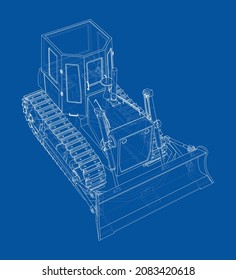 Earth mover, bulldozer. Vector rendering of 3d. Wire-frame style. The layers of visible and invisible lines are separated