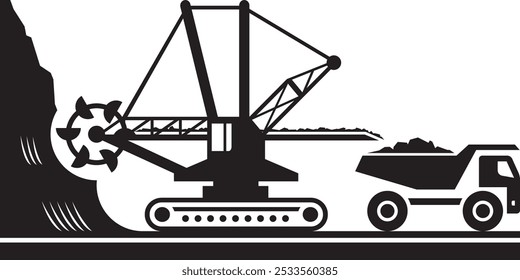 Earth mover loading truck with ore from open pit - vector illustration