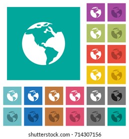 Earth multi colored flat icons on plain square backgrounds. Included white and darker icon variations for hover or active effects.
