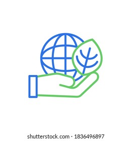 Earth and nature care concept icon. Globe, leaf, and hand vector illustration