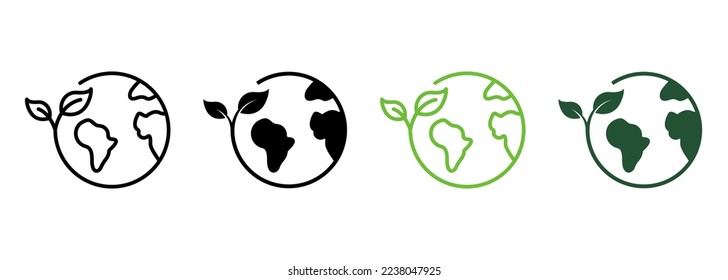 Earth Nature Care Line and Silhouette Icon Set. Ecology Planet and Leaf Pictogram. Eco Globe Green World with Plant Symbol Collection on White Background. Isolated Vector Illustration.