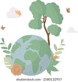 Earth with Nature Elements isolated on transparent background. Environmental protection Illustration. Earth day concept. Planet care. Go green. Flat design. Vector illustration.