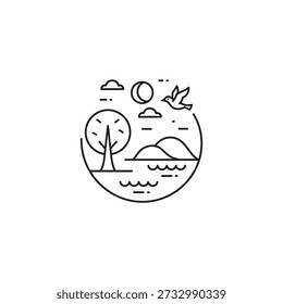 Earth nature and environment concept with a circle design featuring a tree waves bird moon and clouds symbolizing harmony and balance
