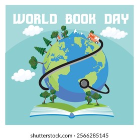 Earth with nature motifs, book and celebratory theme commemorating World Book Day. Flat vector modern illustration 