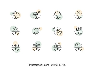 Earth. Nature, windmills, sun, castle, antenna, forest, mountains, moon, factory, truck, sunset, dawn, open space, signal, ecology, globe. Society concept. Vector line icon for Business