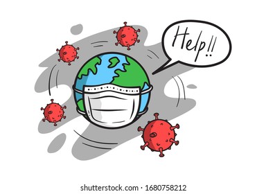 Earth Need Help Illustration Design, Virus, Sick, Flu, Mask, Respiratory Flat