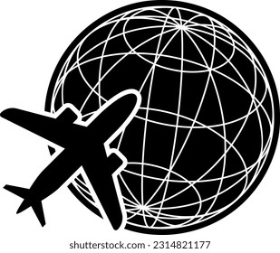 Earth network and plane isolated vector silhouette.