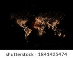 Earth night map. Vector illustration of cities lights from space. Satellite view. Dark map