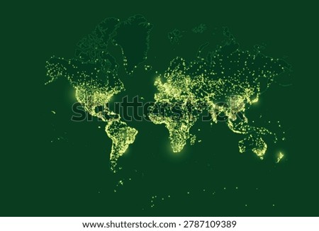 Earth night map. Vector illustration of cities lights from space. Dark globe map for green technology, sustainable energy