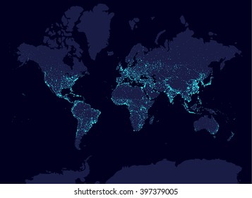 Earth at night world map, earth day concept, world population biggest cities. Glow infografic elements. Urbanization and globalisation idea. aqua neon luminanse. Hud elements