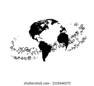 Earth with numbers flying around. Vector decoration from scattered elements. Monochrome isolated silhouette. Conceptual illustration.