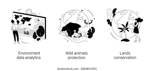 Abstraktes Konzept der Erdbeobachtung, Vektorgrafik-Set. Umweltdatenanalyse, Schutz von Wildtieren, Landschutz, Nationalpark, Wildwald, abstrakte Metapher für Naturlandschaften.