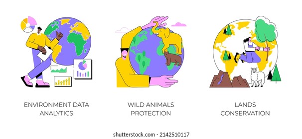 Earth observation abstract concept vector illustration set. Environment data analytics, wild animals protection, lands conservation, national park, wild forest, natural landscape abstract metaphor.