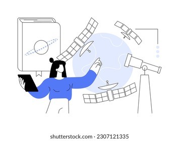 Abstraktes Konzept der Erdbeobachtung, Vektorgrafik. Raumfahrttechnik, Planetenforschung, Satellitendienst, Geoinformation, angewandte Erdbeobachtung, abstrakte Fernerkundungsmetapher.
