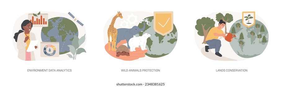 Earth observation isolated concept vector illustration set. Environment data analytics, wild animals protection, lands conservation, national park, wild forest, natural landscape vector concept.