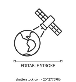 Earth observation process linear icon. Terrestial surface investigation by artifial satelite. Thin line customizable illustration. Contour symbol. Vector isolated outline drawing. Editable stroke