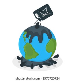 Earth Oil Pollution Concept Icon and Label. Earth Pollution by Petroleum. Catastrophe Symbol, Icon and Badge. Cartoon Vector illustration.