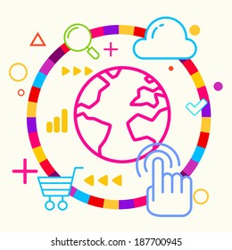 Earth on abstract colorful geometric light background with different icon and elements. Flat design for the web, print, banner, advertising.