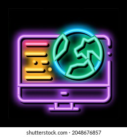 Erde auf Computerbildschirm Neonlichtzeichenvektor. Glühende Icon-Erde auf dem Computerbildschirm. transparente Symbolillustration