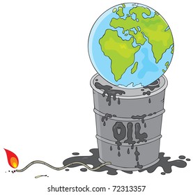 Earth on a dirty oil barrel with a burning fuse