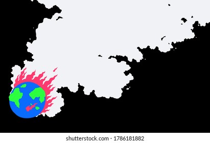 Earth on fire with big smoke, world of chaos / warning massage about climate change concept illustration, simple doodle hand drawn style flat color