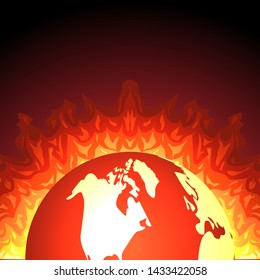 Earth on fire. Flat vector illustration of planet on fire