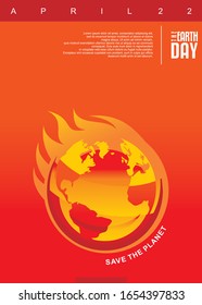 Earth on fire, global warming creative design concept. Heat vector illustration. Climate change and rise in the average world temperature. Vector illustration with flames and globe.