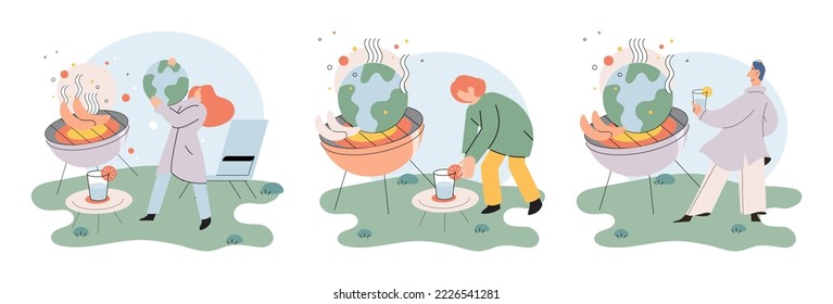 Earth on fire scenes set. Climate change and global warming disaster due to human activities concept. Planet placed on fiery grill. Grilled World, burning planet, heatwave, high temperatures