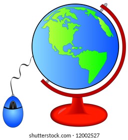 earth on globe stand connected to computer mouse - vector