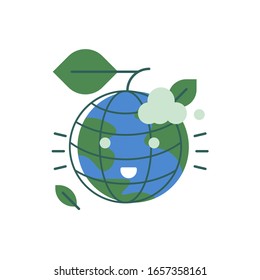 Earth on a green leaf branch. Happy globe character. Looking fresh planet. Modern flat icon. Vector file. 