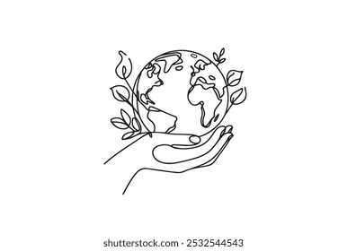 Earth on hand Continuous line drawing, Eco and earth day concept