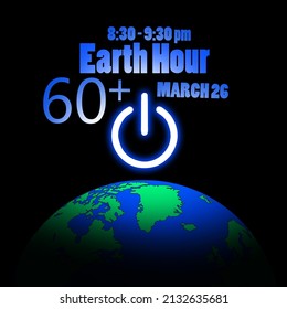 Earth With On Off Symbol That Lights Up With Bold Texts Isolated On Black Background, Earth Hour March 26