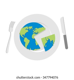 Earth on plate. Globe cut with knive. Cutlery: knife and fork. Political kitchen.
