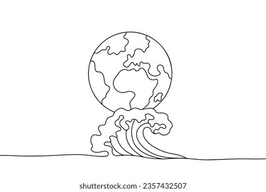 Earth on the sea wave. World Maritime Day. One line drawing for different uses. Vector illustration.