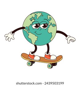 Earth on a skateboard character in trendy retro groovy style. Earth Day. Vector illustration for card, poster, banner, web