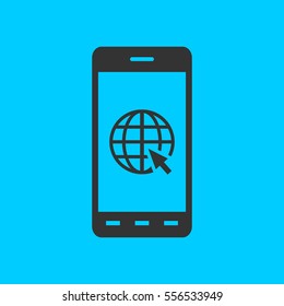 Earth on smartphone screen icon flat. Simple vector black pictogram on blue background