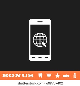 Earth on smartphone screen icon flat. White pictogram on black background. Vector illustration symbol and bonus button tooth, vase, star, mirror, bottle
