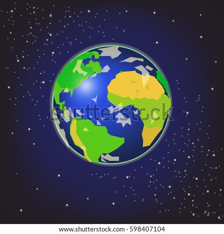 The Earth on starry dark blue sky. Planet in space. Satellite view of globe with North and South America and Africa