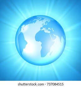 Earth on the sunburst background in light blue colors, vector illustration