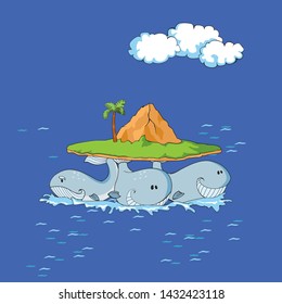 The Earth on three whales. Vector cartoon illustration