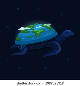 The Earth On Turtle Back Swim On Space Creation Myth Concept In Cartoon Illustration Vector