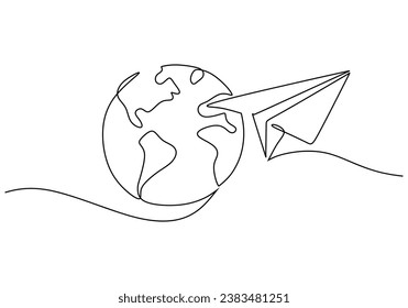 Earth one line art drawing. Globe with paper plane. Airplane travel in continuous contour concept. Vector illustration isolated. Minimalist design handdrawn.