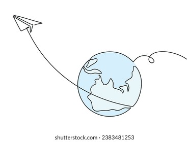 Earth one line art drawing. Globe with paper plane. Airplane travel in continuous contour concept. Vector illustration isolated. Minimalist design handdrawn.