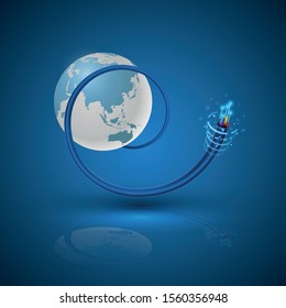 Earth and optical fiber cable concept for communication technology and connecting element. Vector illustration for network conceptual.